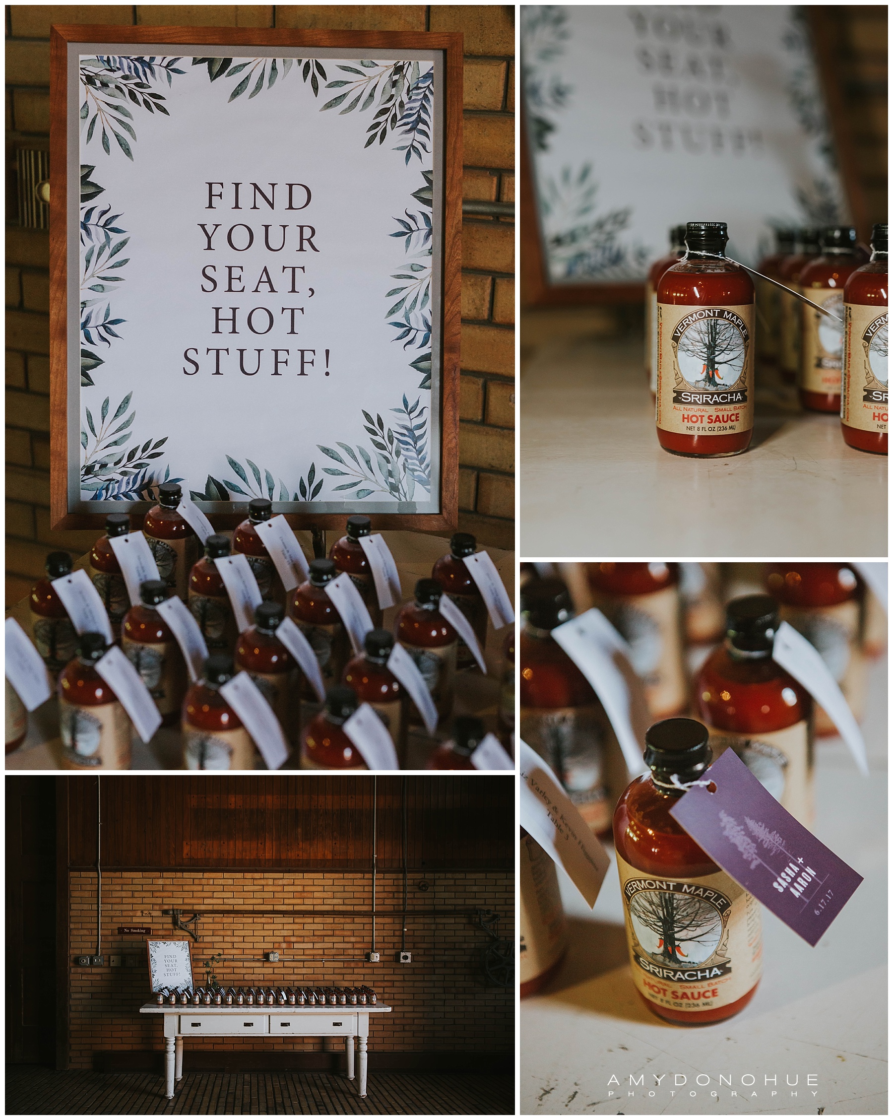 Wedding Favors and Seating Chart with Vermont Maple Sriracha Sauce | Amy Donohue Photography