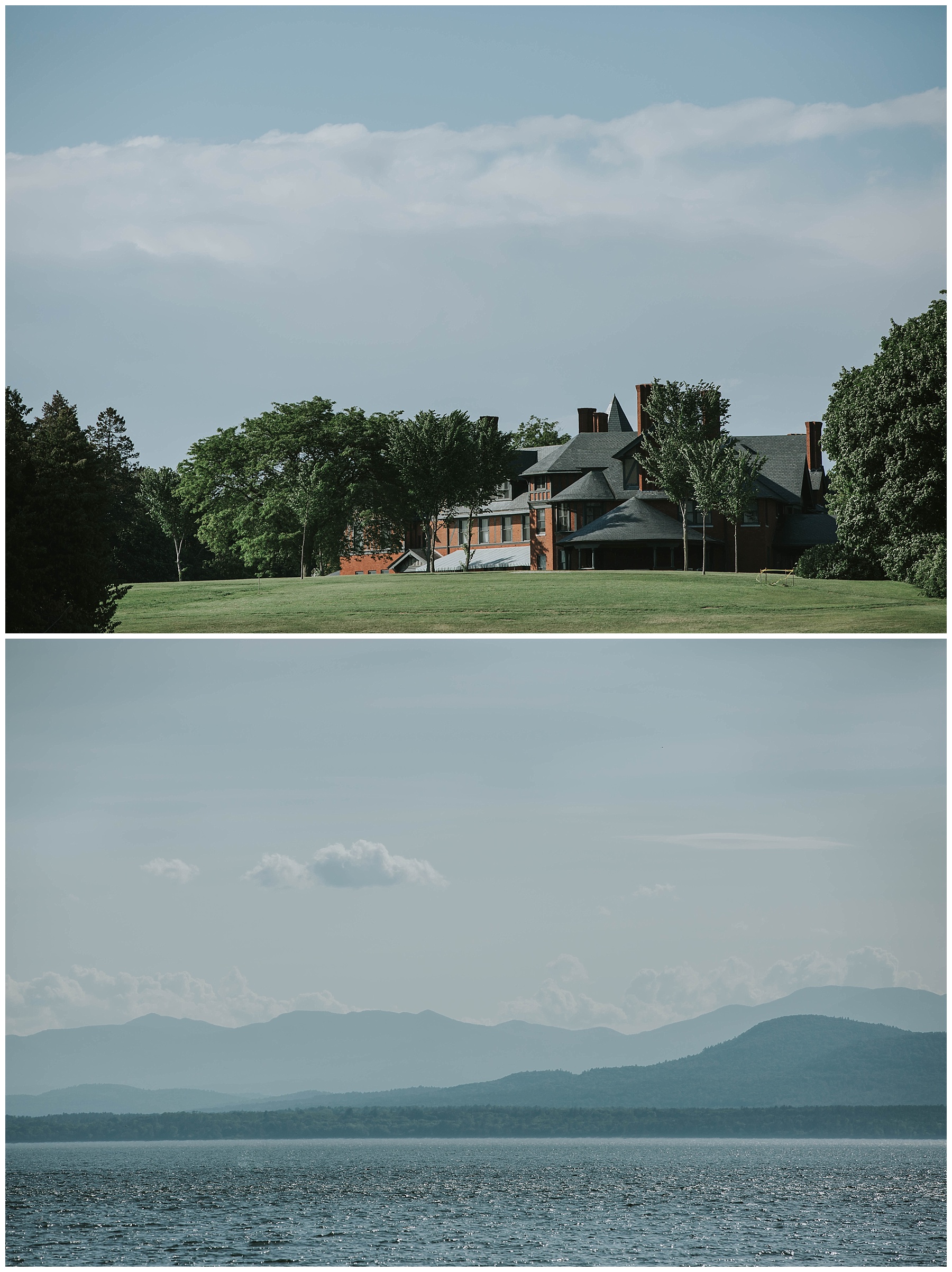 Shelburne Farms Inn and Lake Champlaine with Adirondack mountains in the background | Amy Donohue Photography