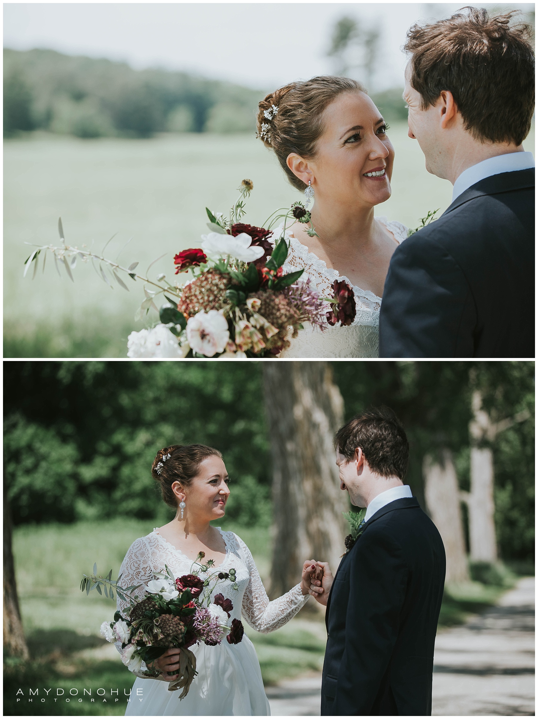 Bride and groom first look at Shelburne Farms | Photography by Amy Donohue Photography