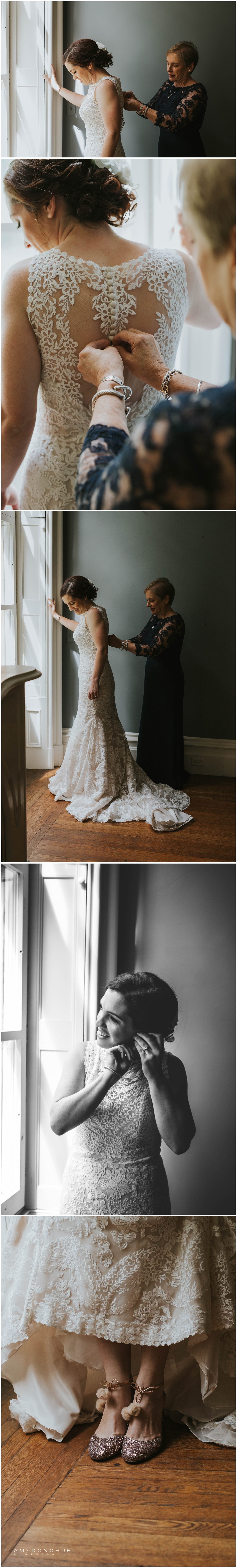 Getting into the dress © Amy Donohue Photography Vermont Wedding Photographer