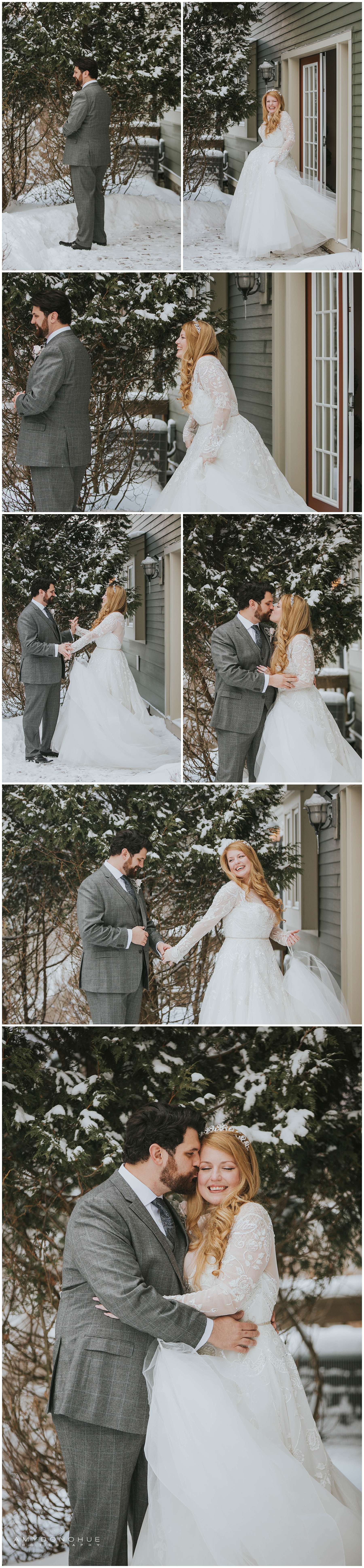 Snowy First Look | Vermont Wedding Photographer | © Amy Donohue Photography