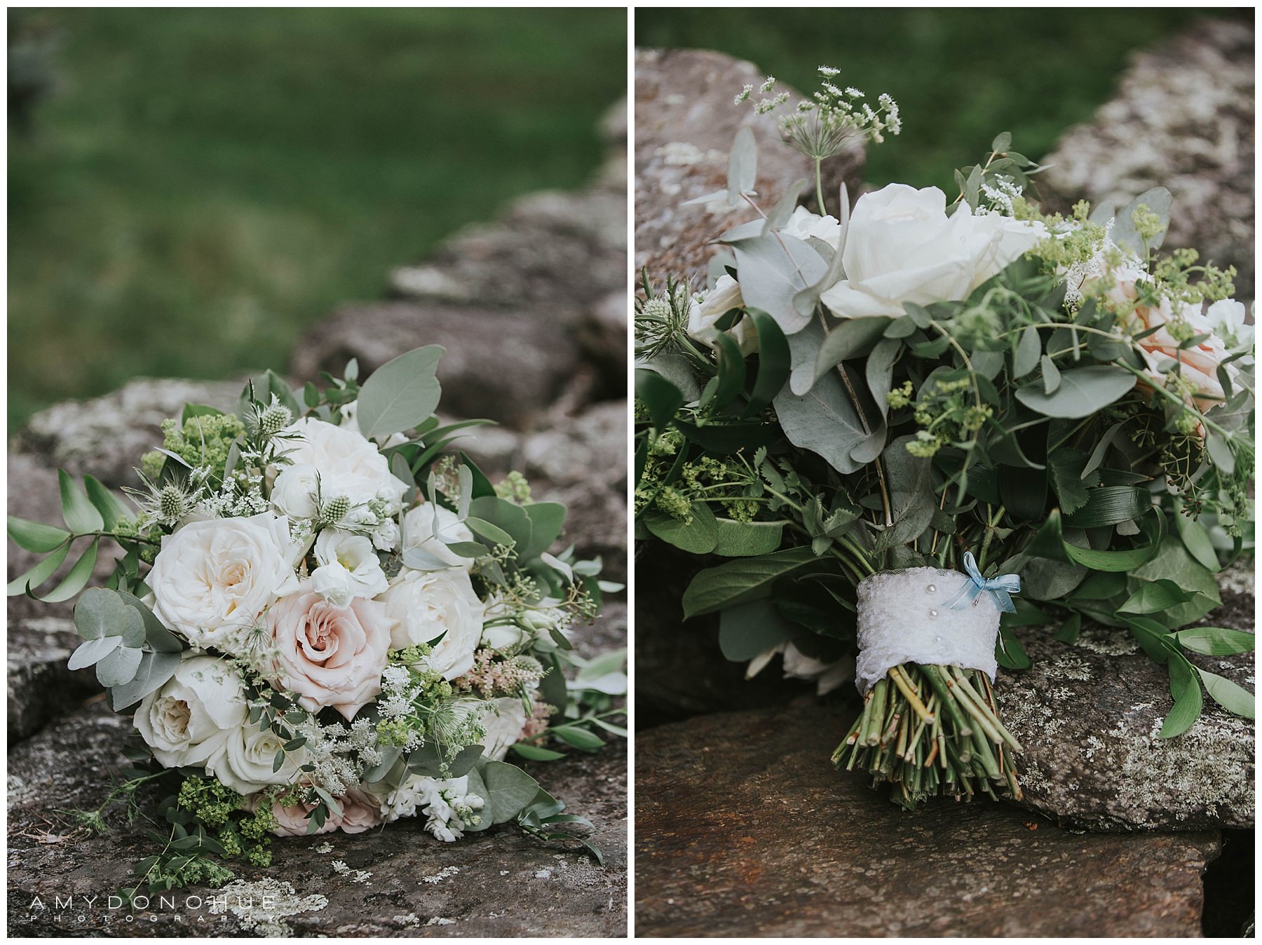 Wedding Bouquet with Mom's Wedding Dress Tied Around It | Vermont Wedding Photographer | © Amy Donohue Photography