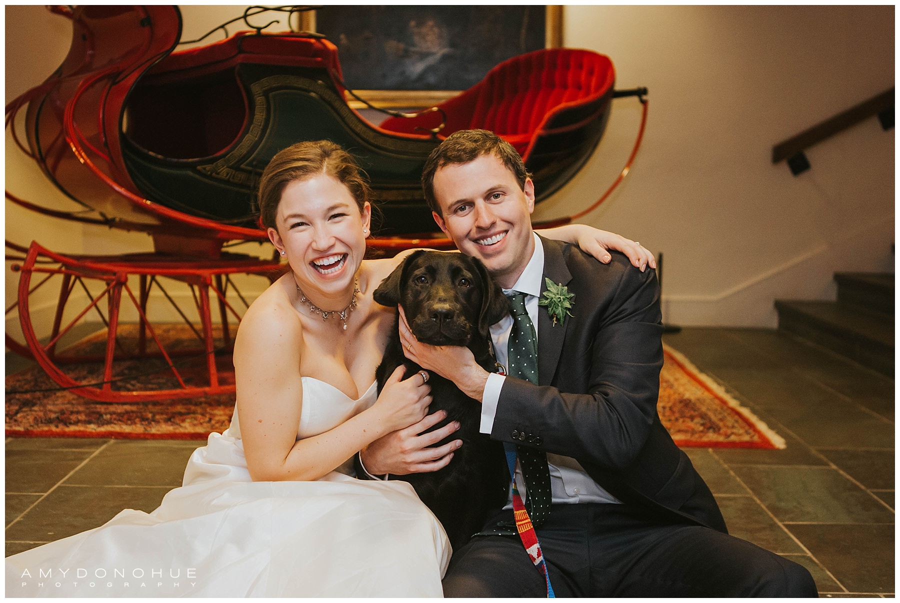 Bride and Groom with Black Lab Portrait | Woodstock, Vermont Wedding Photographer | © Amy Donohue Photography