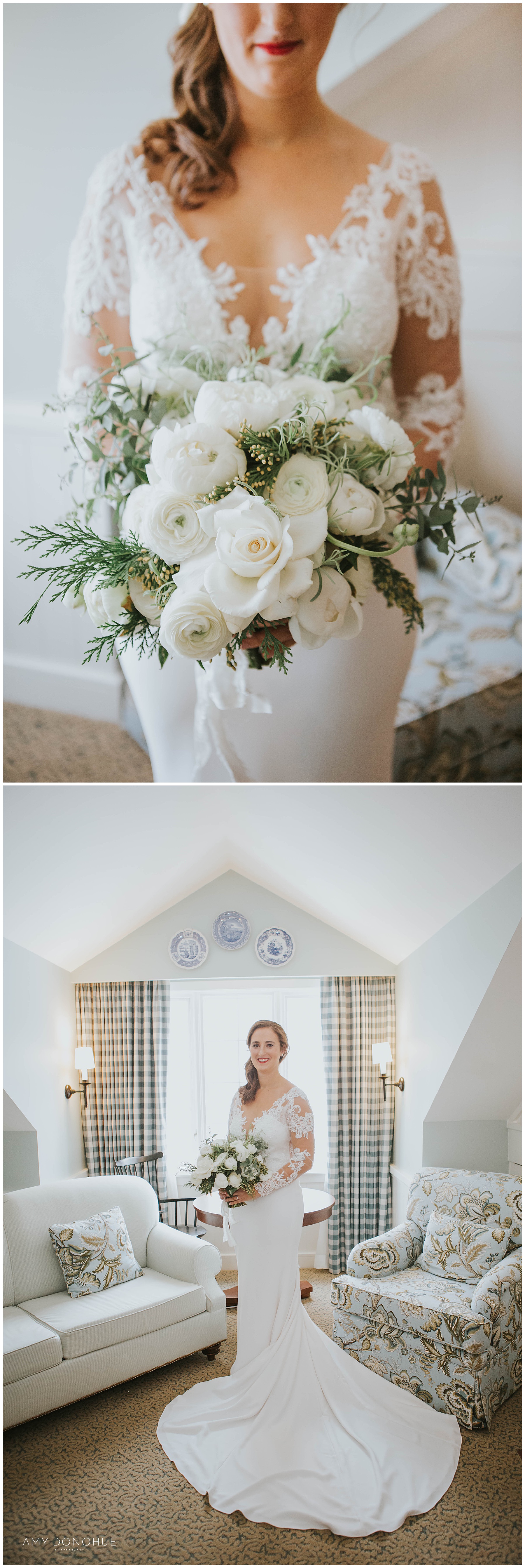 Floral Bouquet by Birds of a Flower and Getting into the Dress photos | Woodstock Inn & Resort | VT Wedding Photographer | © Amy Donohue Photography