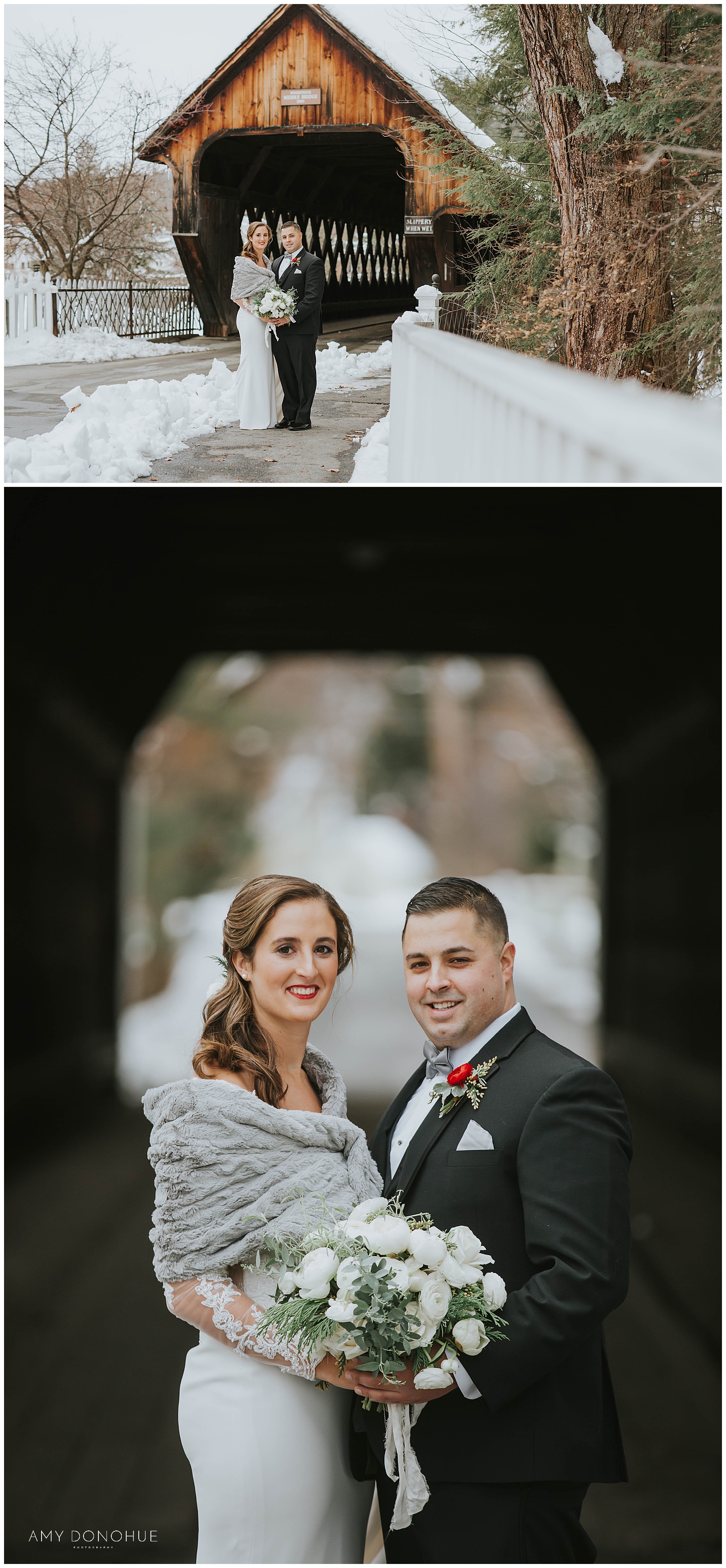 Authentic Bride and Groom Portraits in front of the Covered Bridge | Woodstock Inn & Resort | VT Wedding Photographer | © Amy Donohue Photography