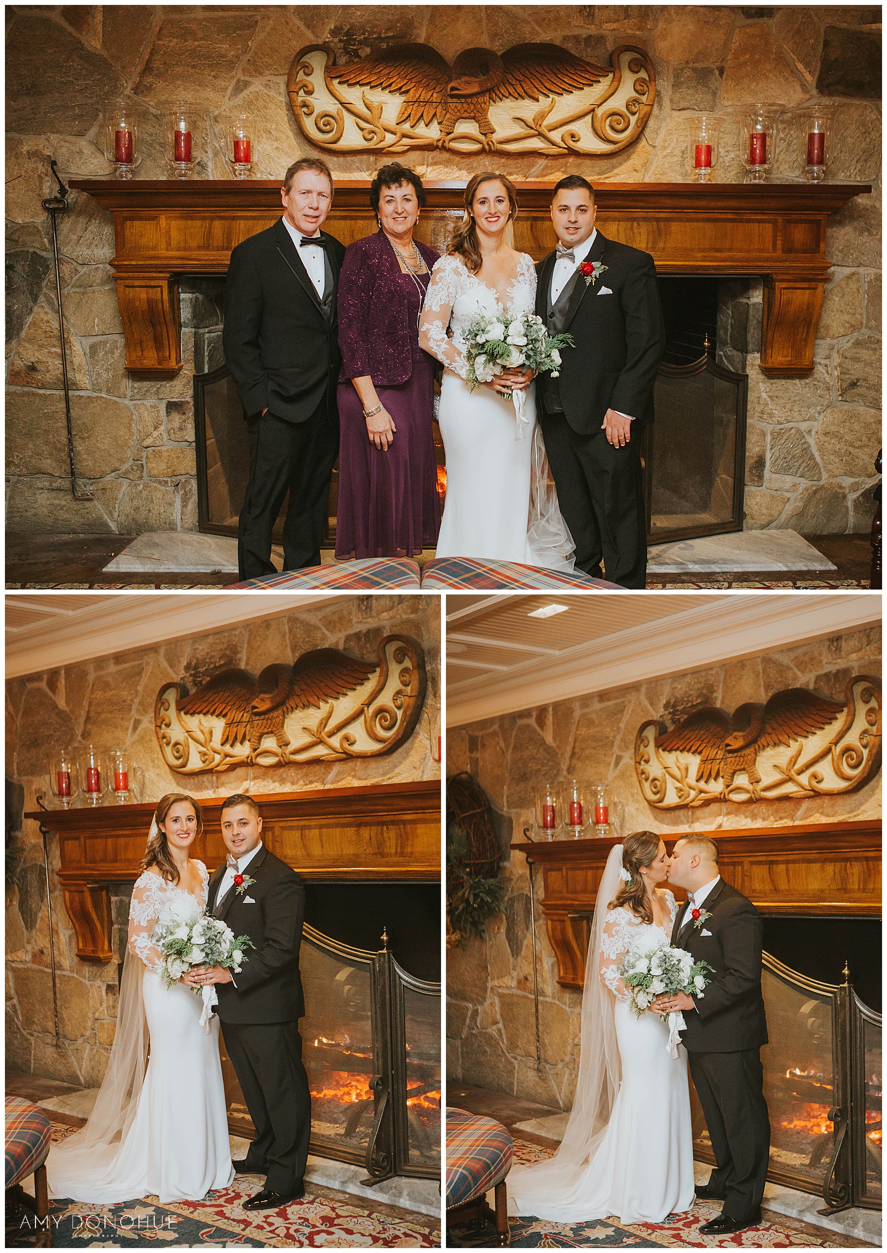 Wedding portraits in front of the fireplace | Woodstock Inn & Resort | VT Wedding Photographer | © Amy Donohue Photography