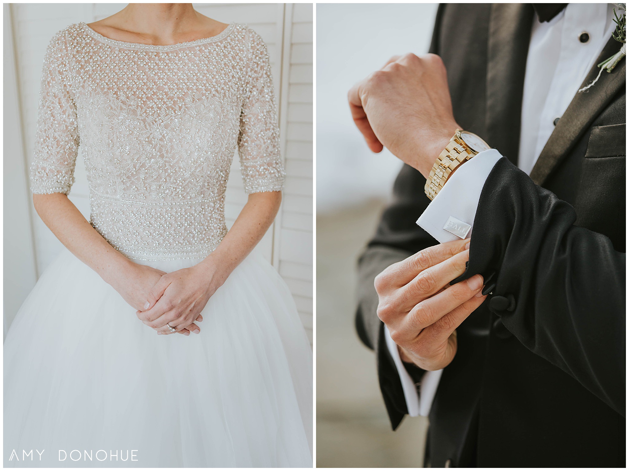 Maggie Sottero dress details and groom cufflink details