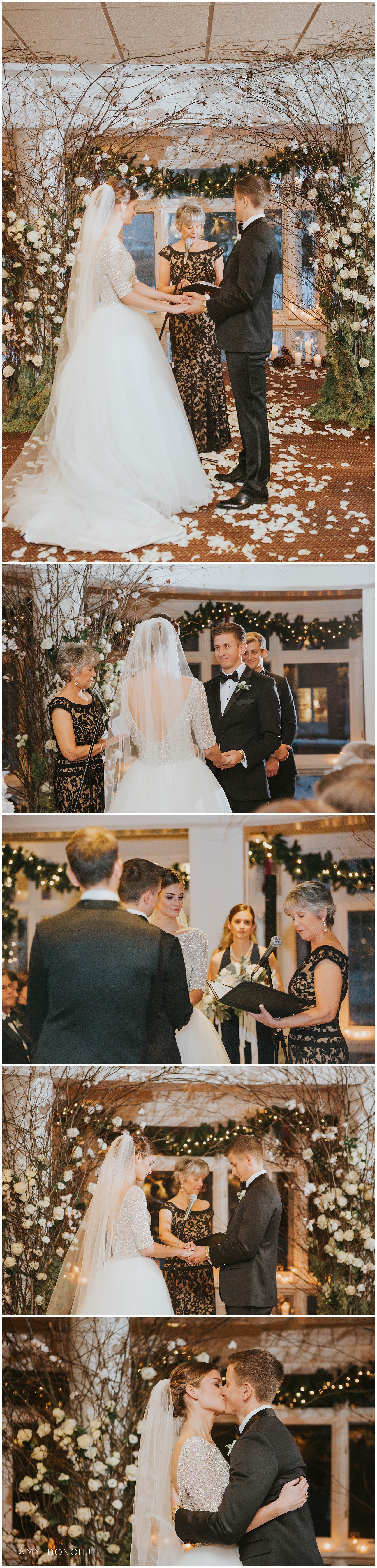 Winter wedding ceremony inside the Woodstock Inn and Resort