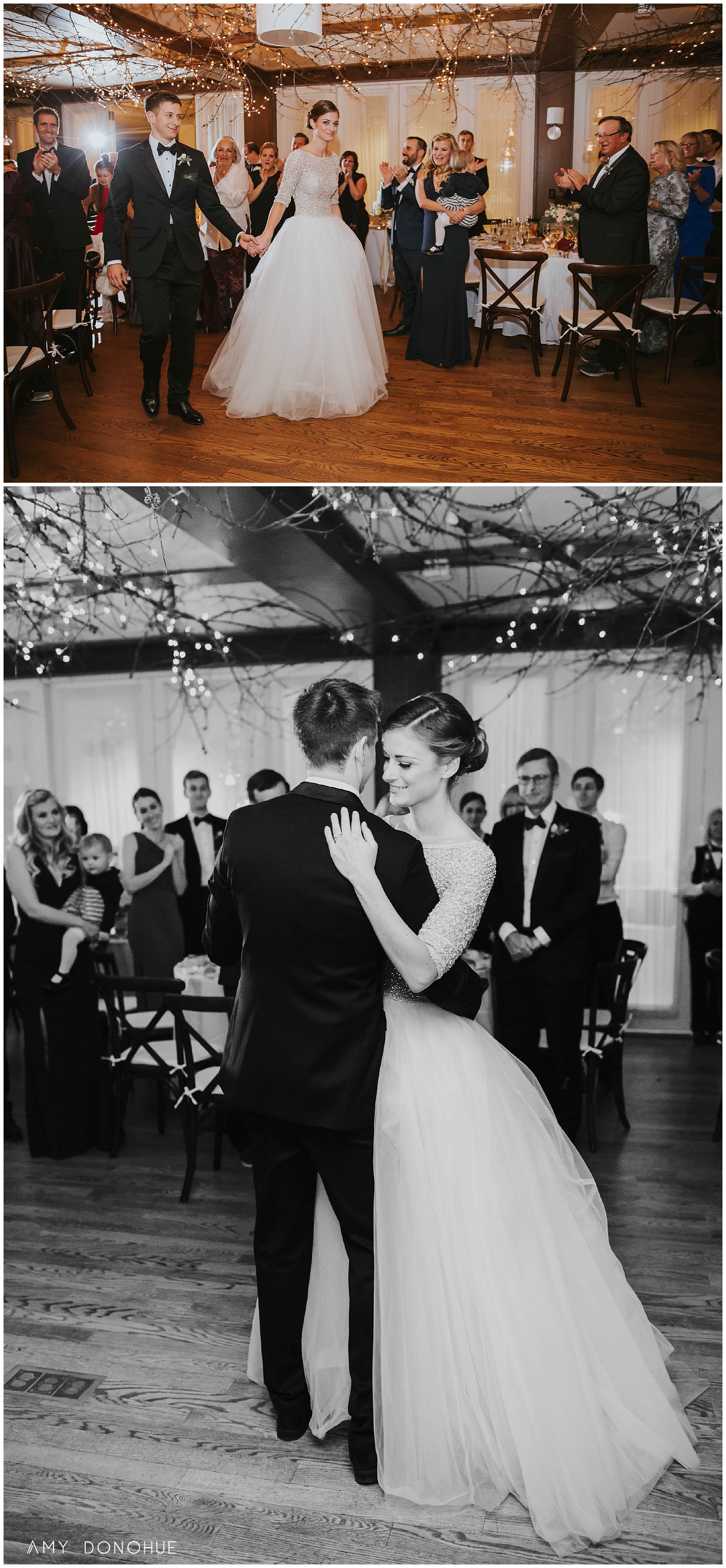 Bride and groom timeless black and white first dance in the Rockefeller room at the Woodstock Inn and Resort.