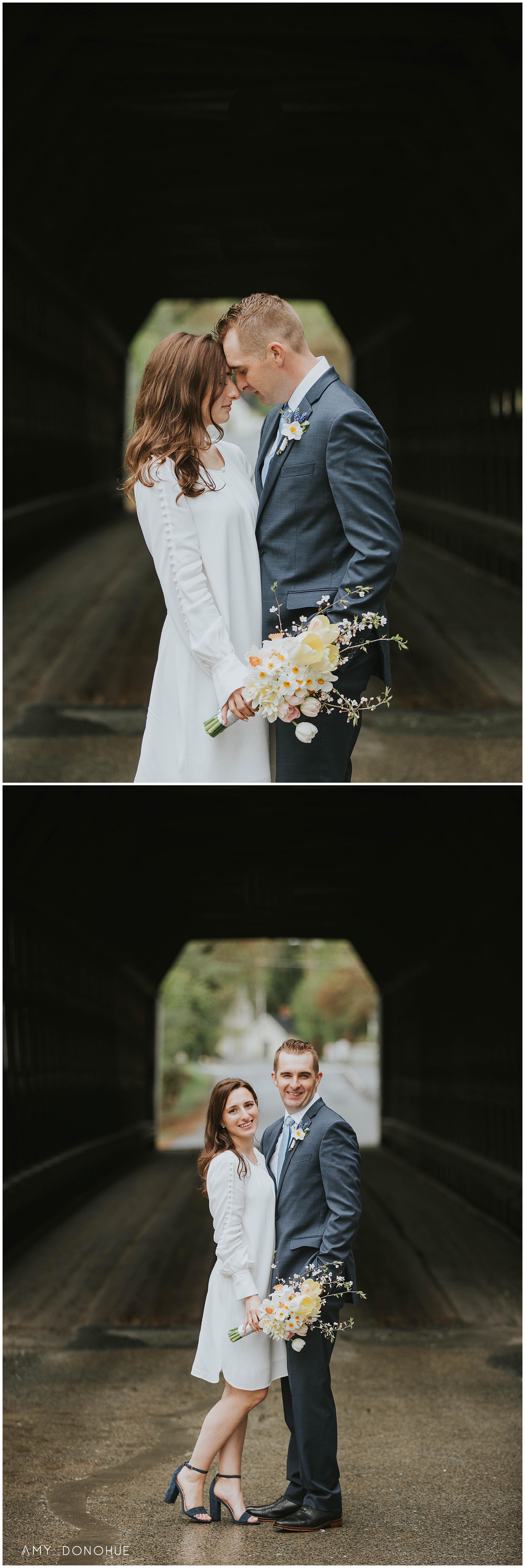 Intimate and romantic elopement portraits at the covered bridge Woodstock Inn and Resort, Woodstock, Vermont