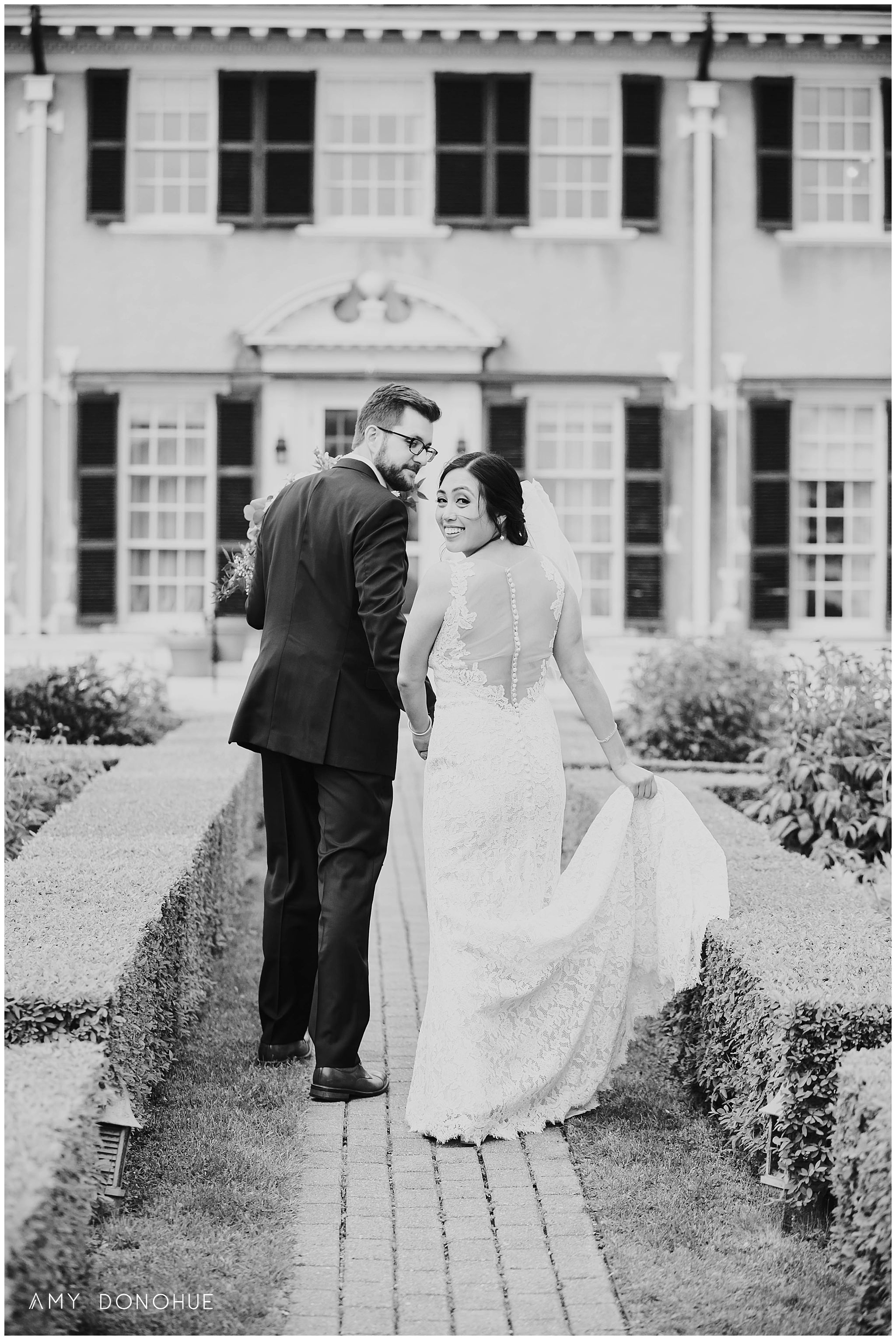 Black and White Bride and Groom portraits at The Hildene in Manchester, Vermont
