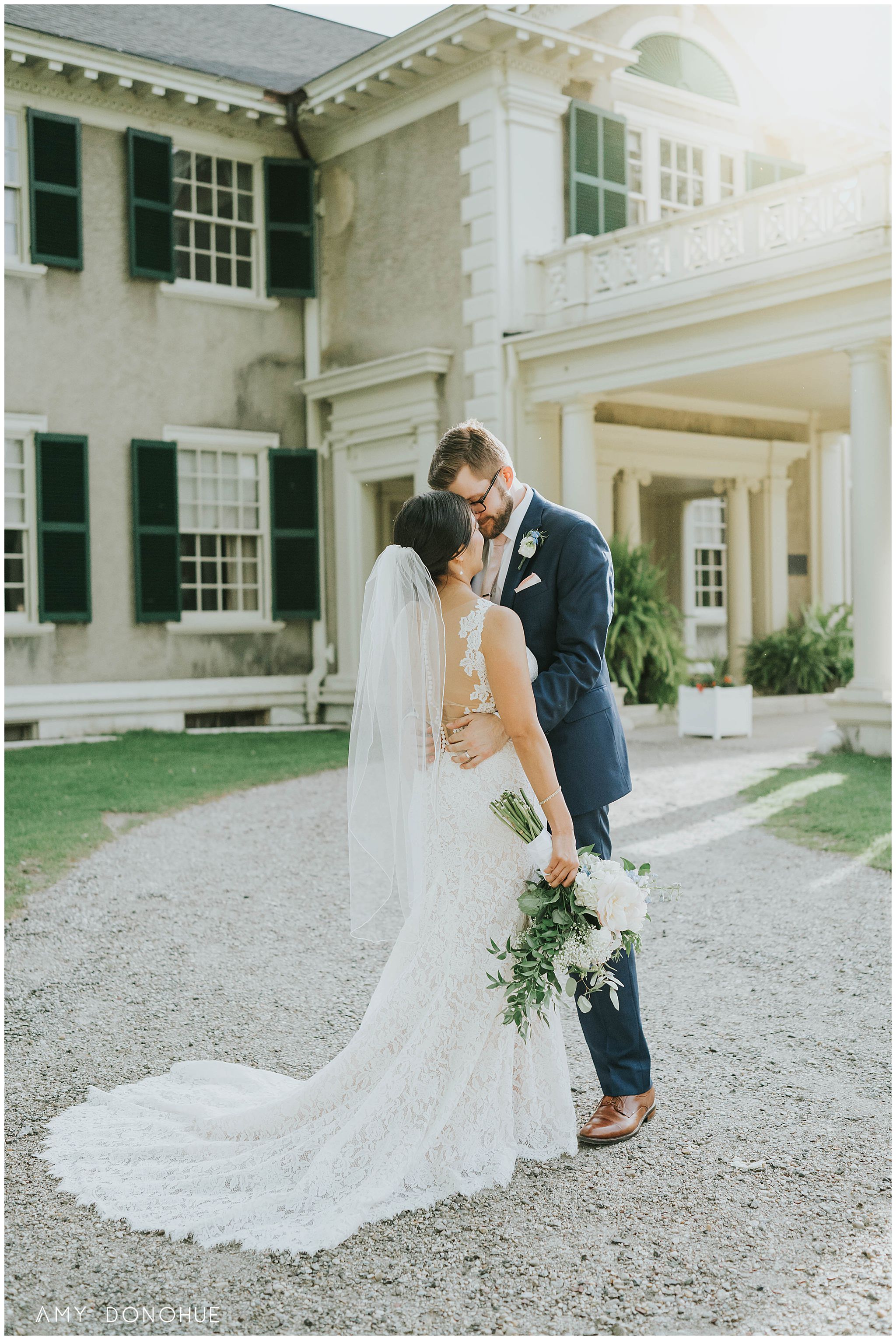 Romantic Bride and Groom portraits in beautiful light at The Hildene in Manchester, Vermont