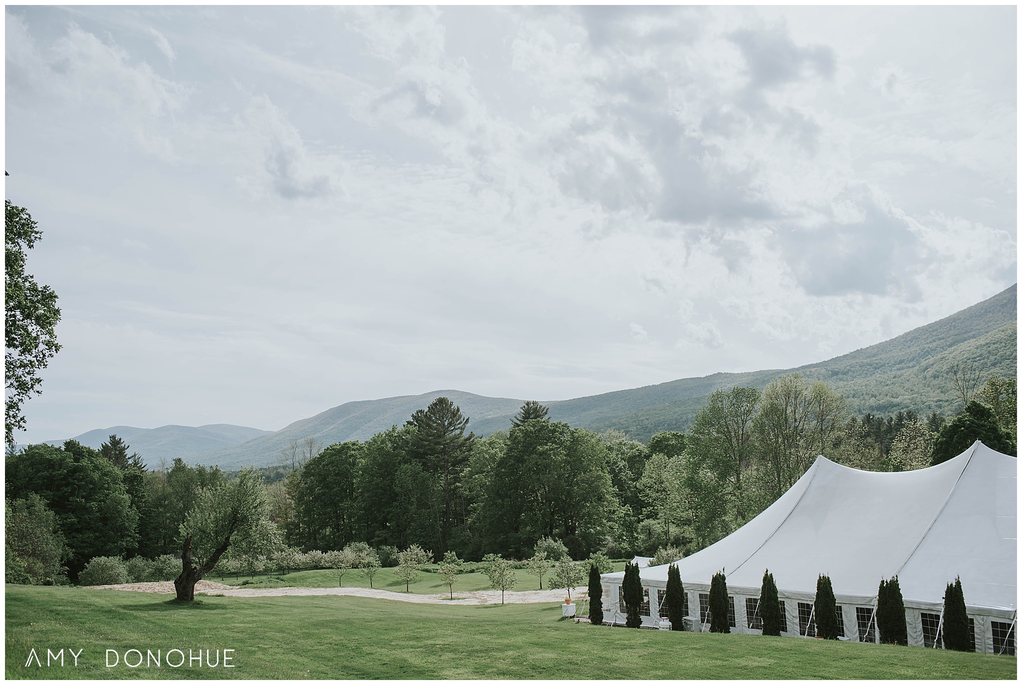 Tent wedding reception with views of the valley at The Hildene in Manchester, Vermont