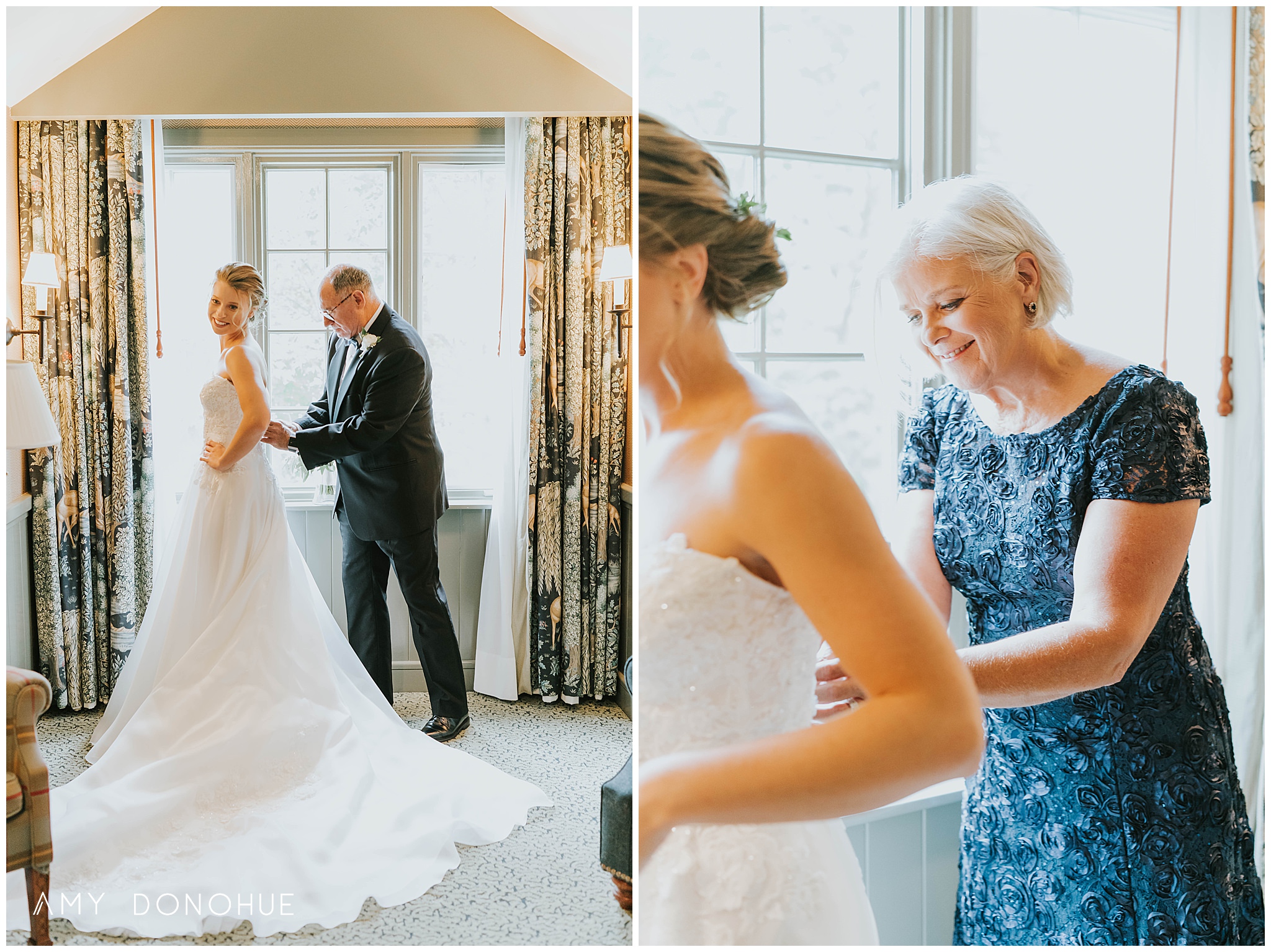 Mom and Dad helping button the bride in her wedding dress at the Woodstock Inn & Resort | Vermont Wedding Photographer | © Amy Donohue Photography