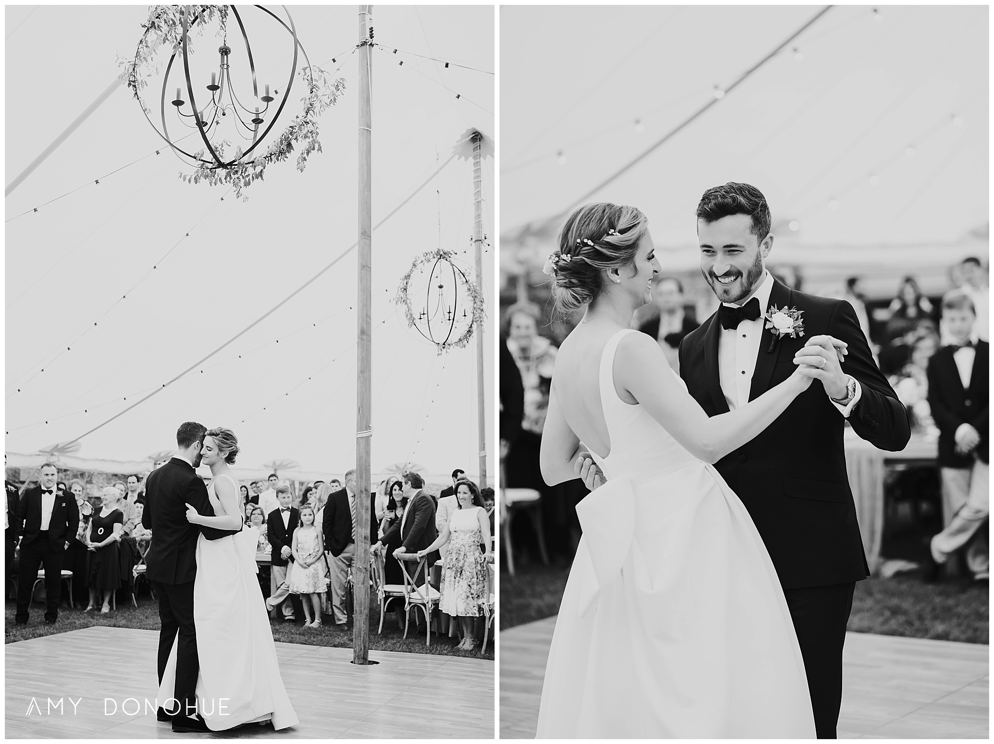 Black and White photos the first dance | Elegant Tent Reception on the Back Lawn | Woodstock Inn & Resort | Vermont Wedding Photographer | © Amy Donohue Photography