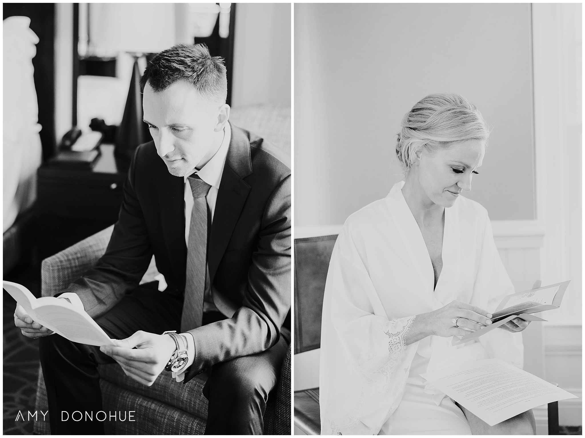 Black and White of the bride and groom reading notes on their wedding day at the Equinox Resort Wedding | Vermont Wedding Photographer | © Amy Donohue Photography