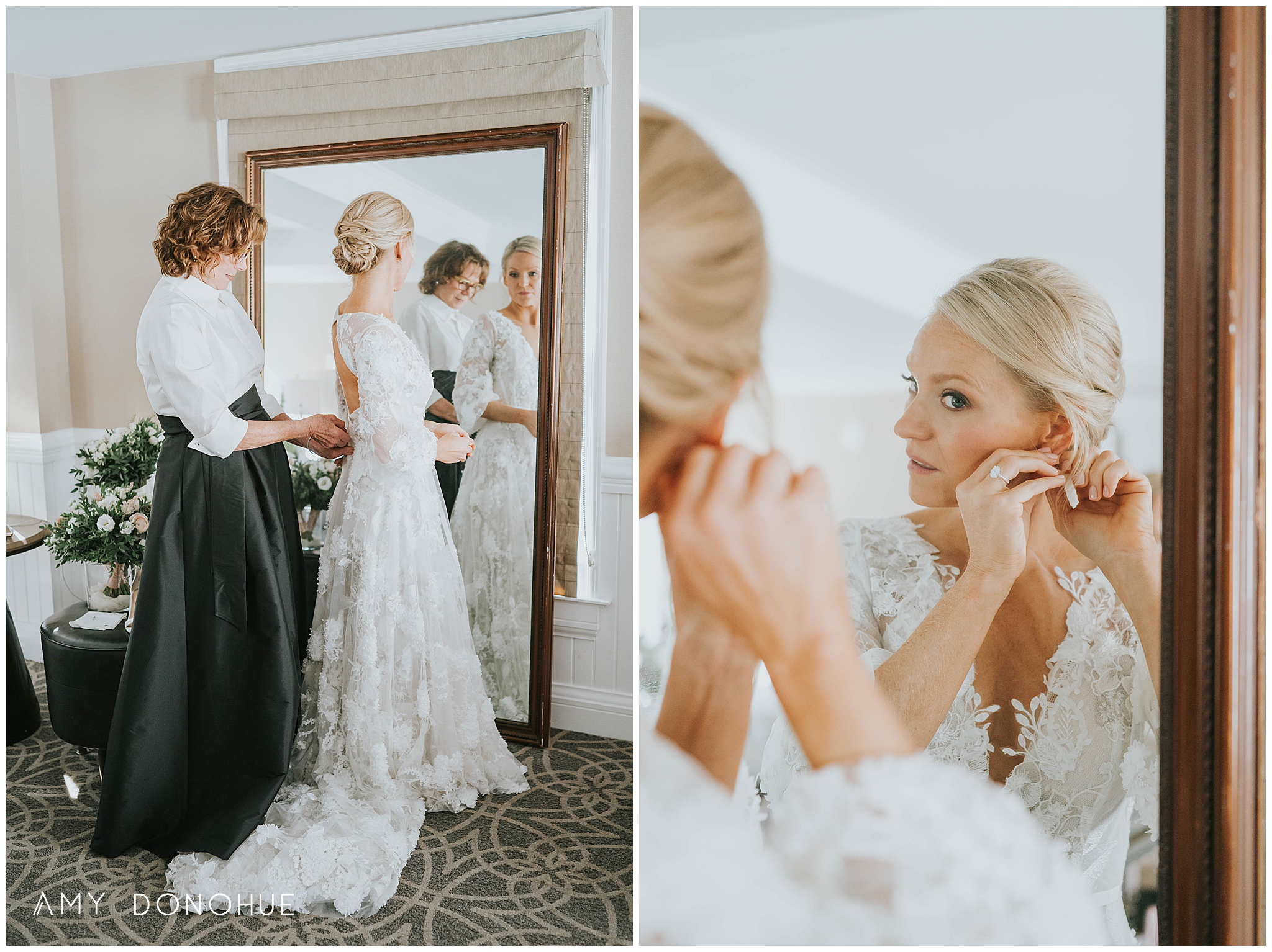 Bride getting into the dress at the Equinox Resort Wedding | Vermont Wedding Photographer | © Amy Donohue Photography