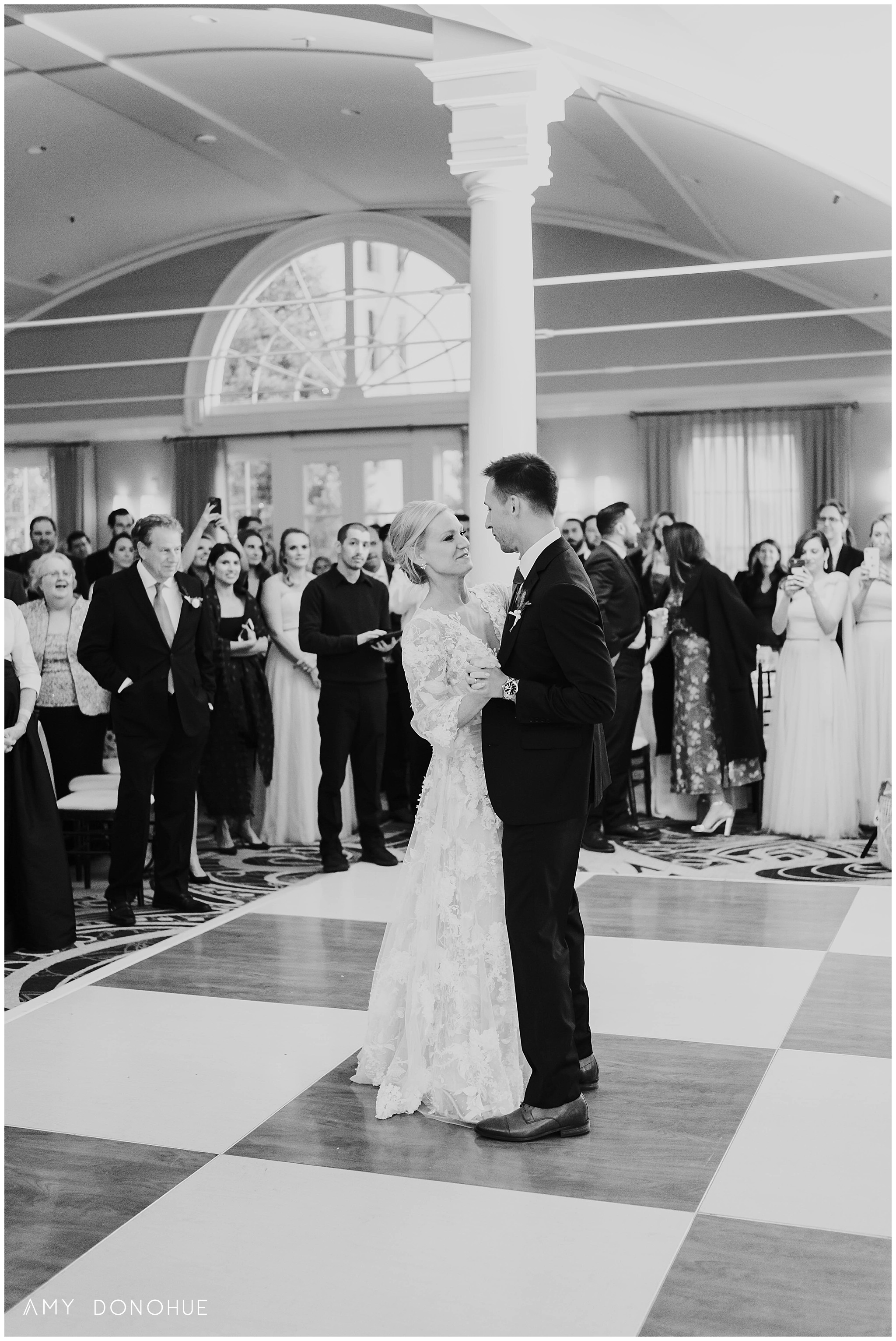 Classic black and white image of the bride and groom during their first dance at the Equinox Resort | Vermont Wedding Photographer | © Amy Donohue Photography