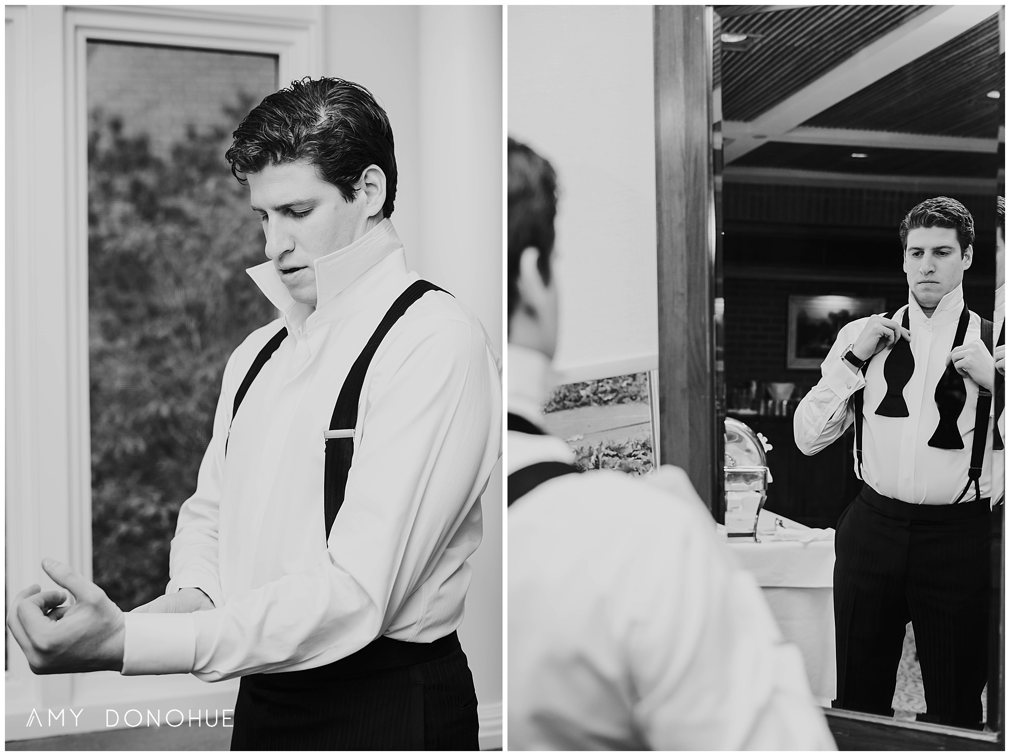 Groom Getting ready in the Garden Parlor Room | Vermont Wedding Photographer | Woodstock Inn & Resort Vermont | © Amy Donohue Photography