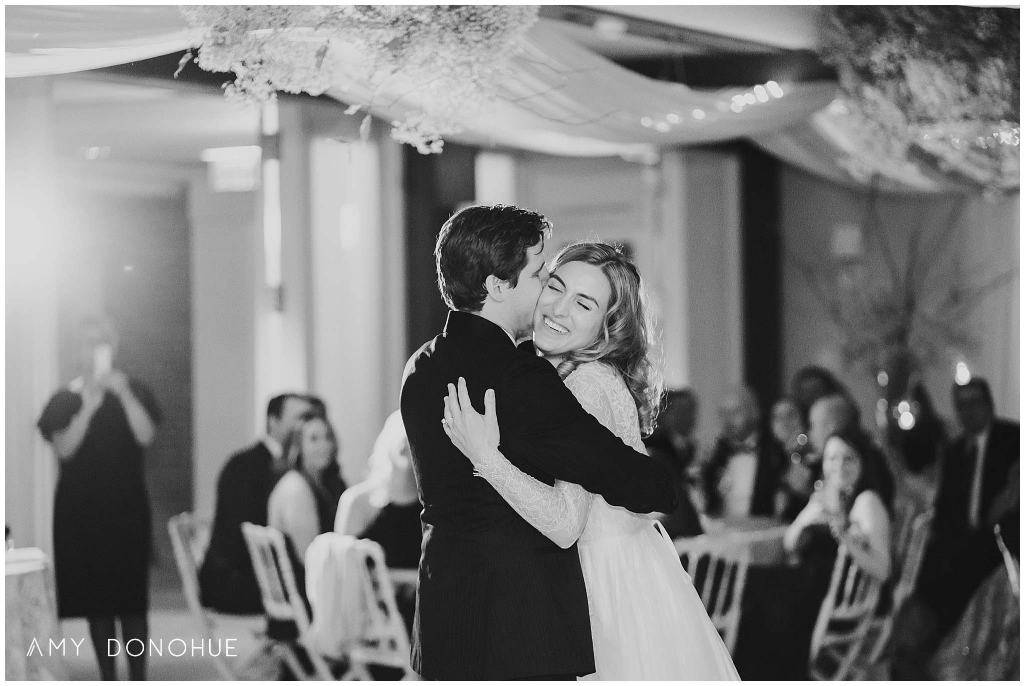 Black and White photo of the first dance in the Ballroom | Vermont Wedding Photographer | Woodstock Inn & Resort Vermont | © Amy Donohue Photography