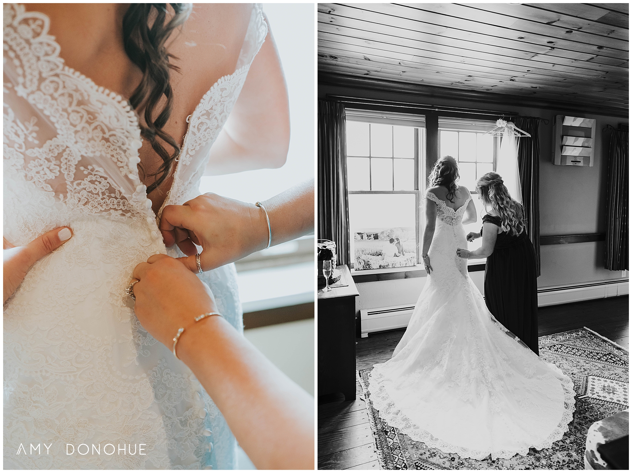 Getting into the dress | Vermont Wedding Photographer | Mountain Top Inn Vermont | © Amy Donohue Photography