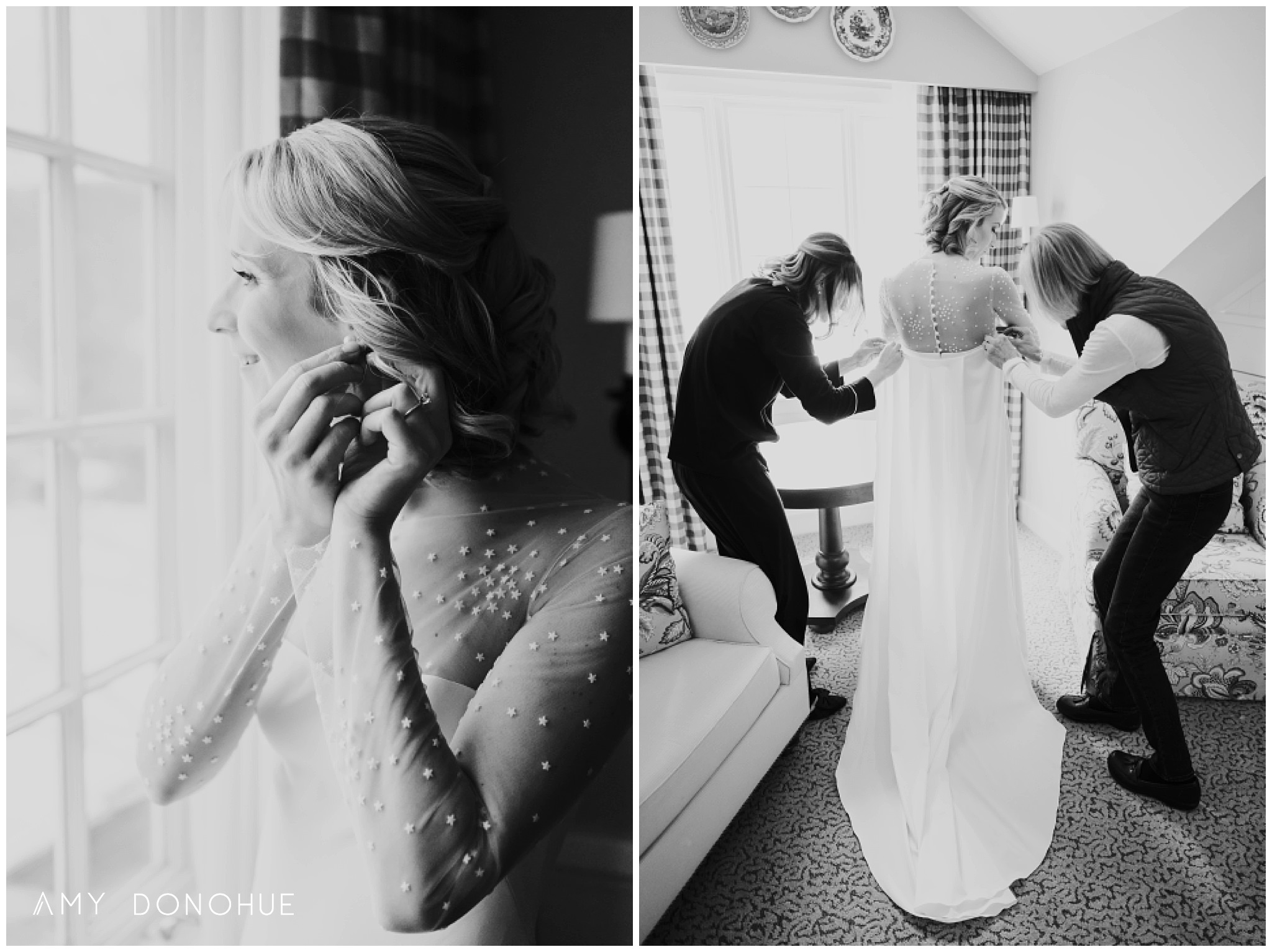 Black and White Bride Prep| First Look | Vermont Wedding Photographer | © Amy Donohue Photography